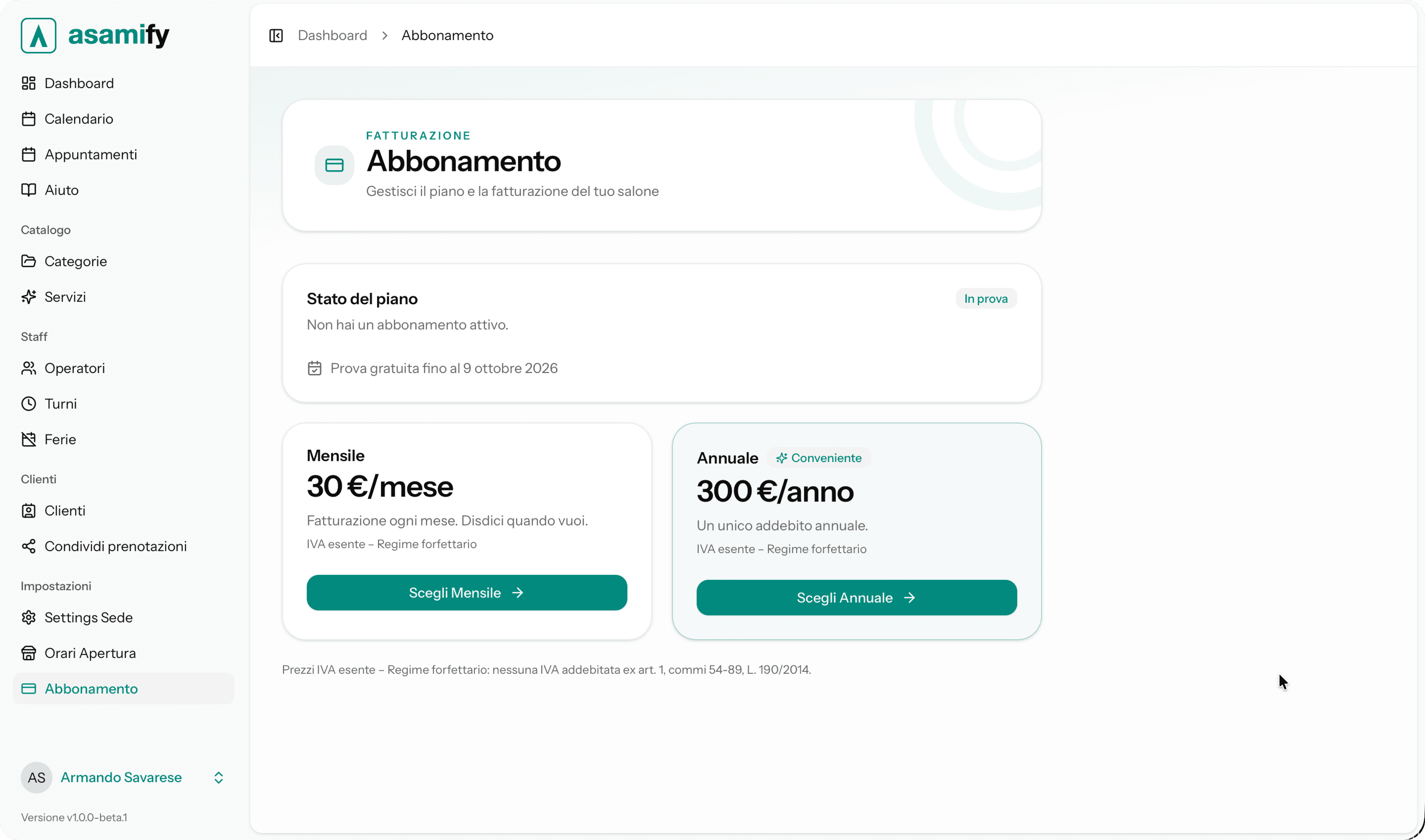 Pagina abbonamento con piani mensile e annuale