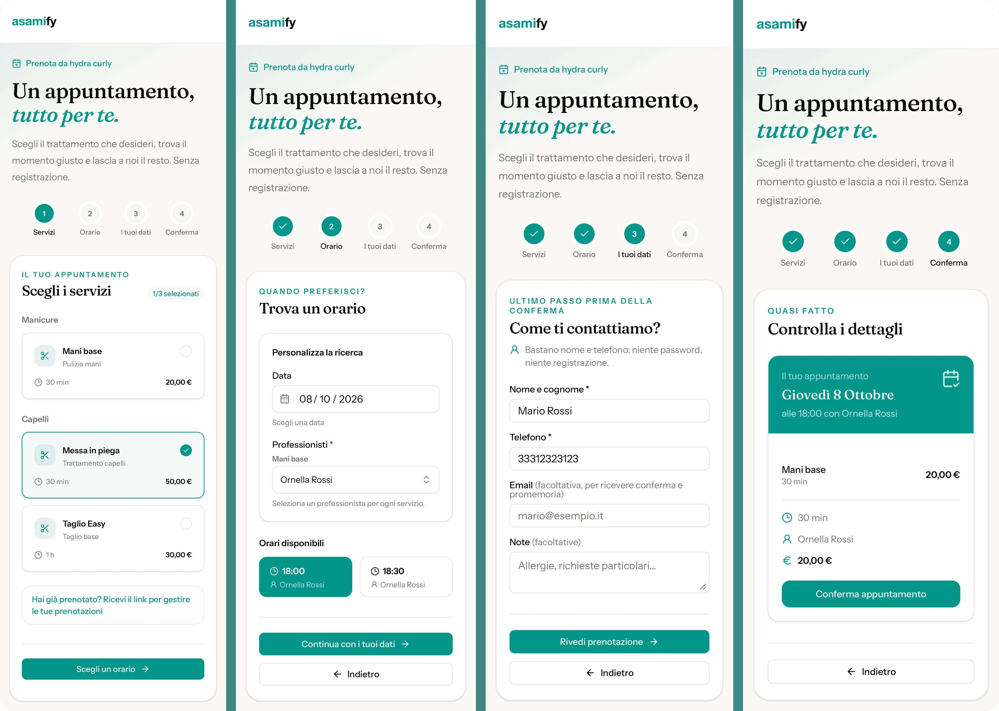 Wizard di prenotazione online Asamify in quattro step