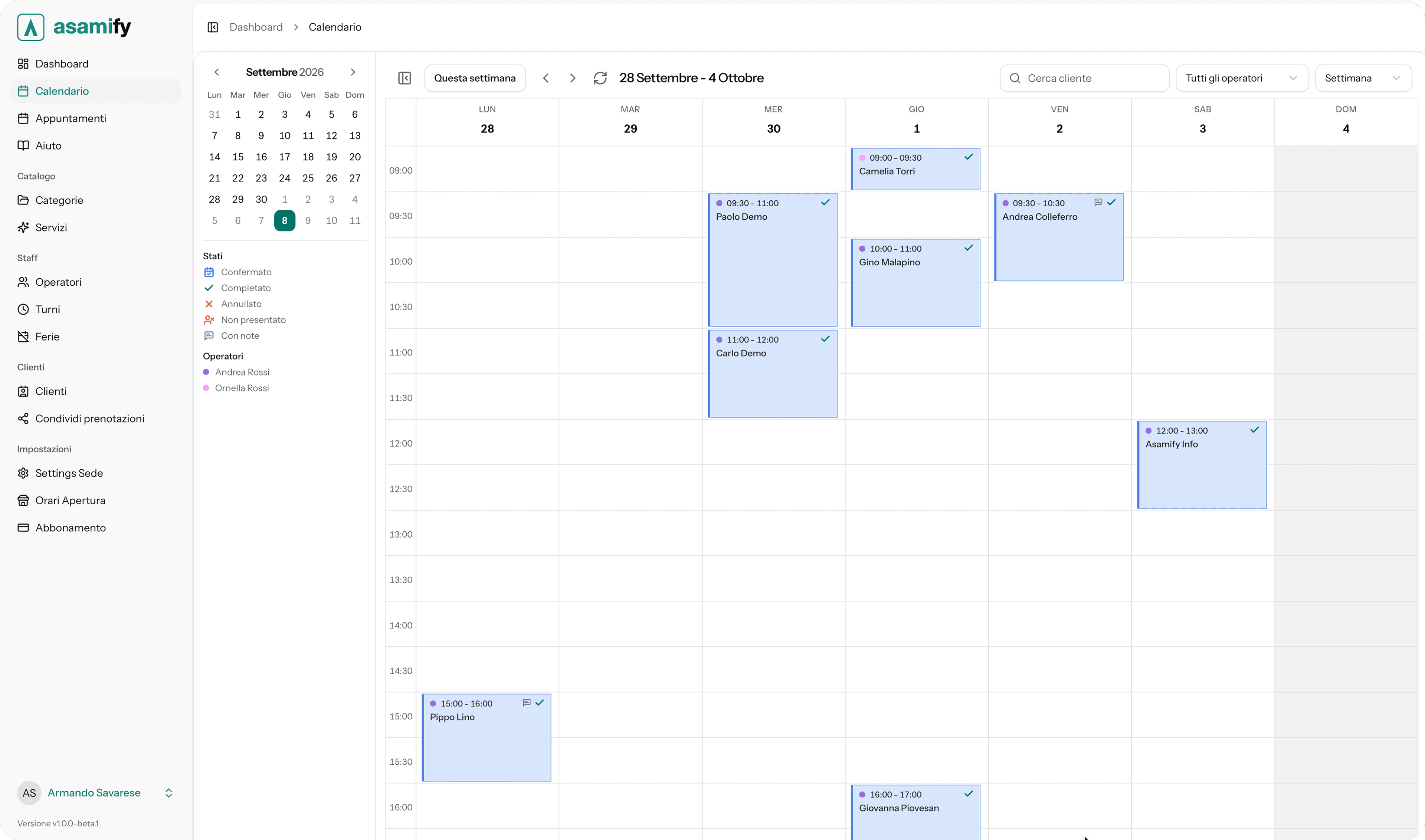 Calendario giornaliero del salone con appuntamenti per operatore