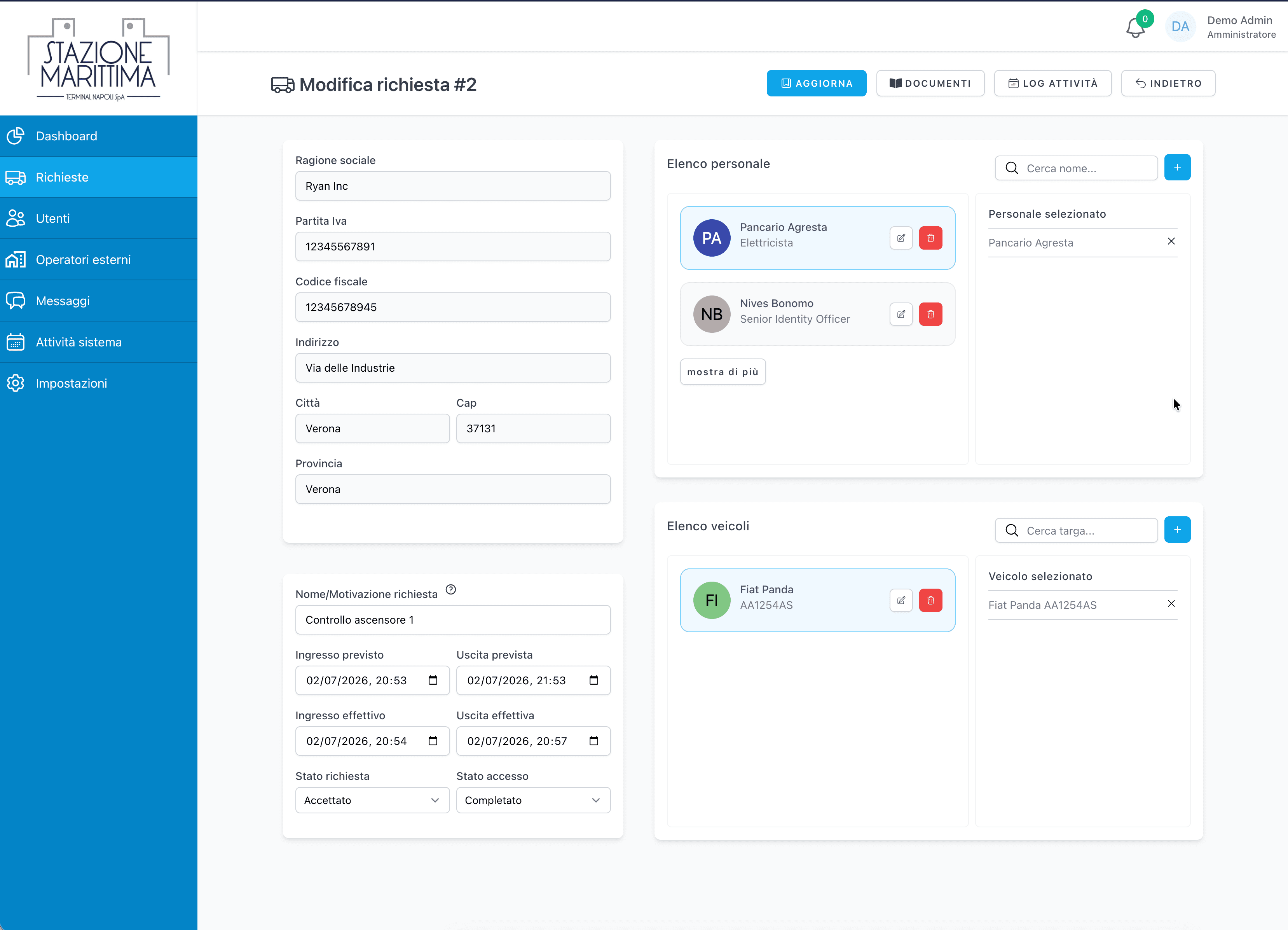Schermata di creazione di una richiesta di accesso con compilazione dati e selezione destinatari