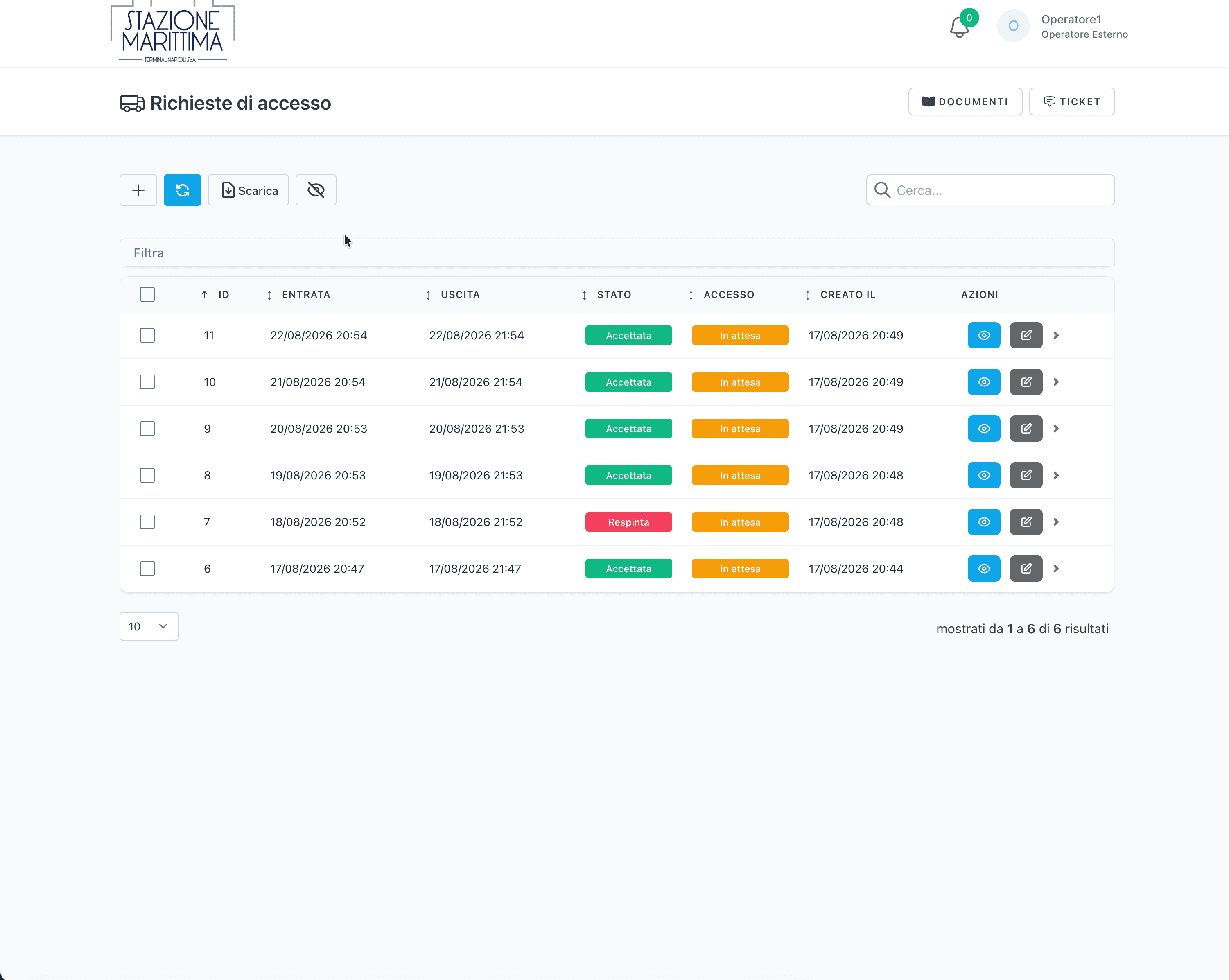 Dashboard operatore esterno con inoltro richieste, stato e chat integrata