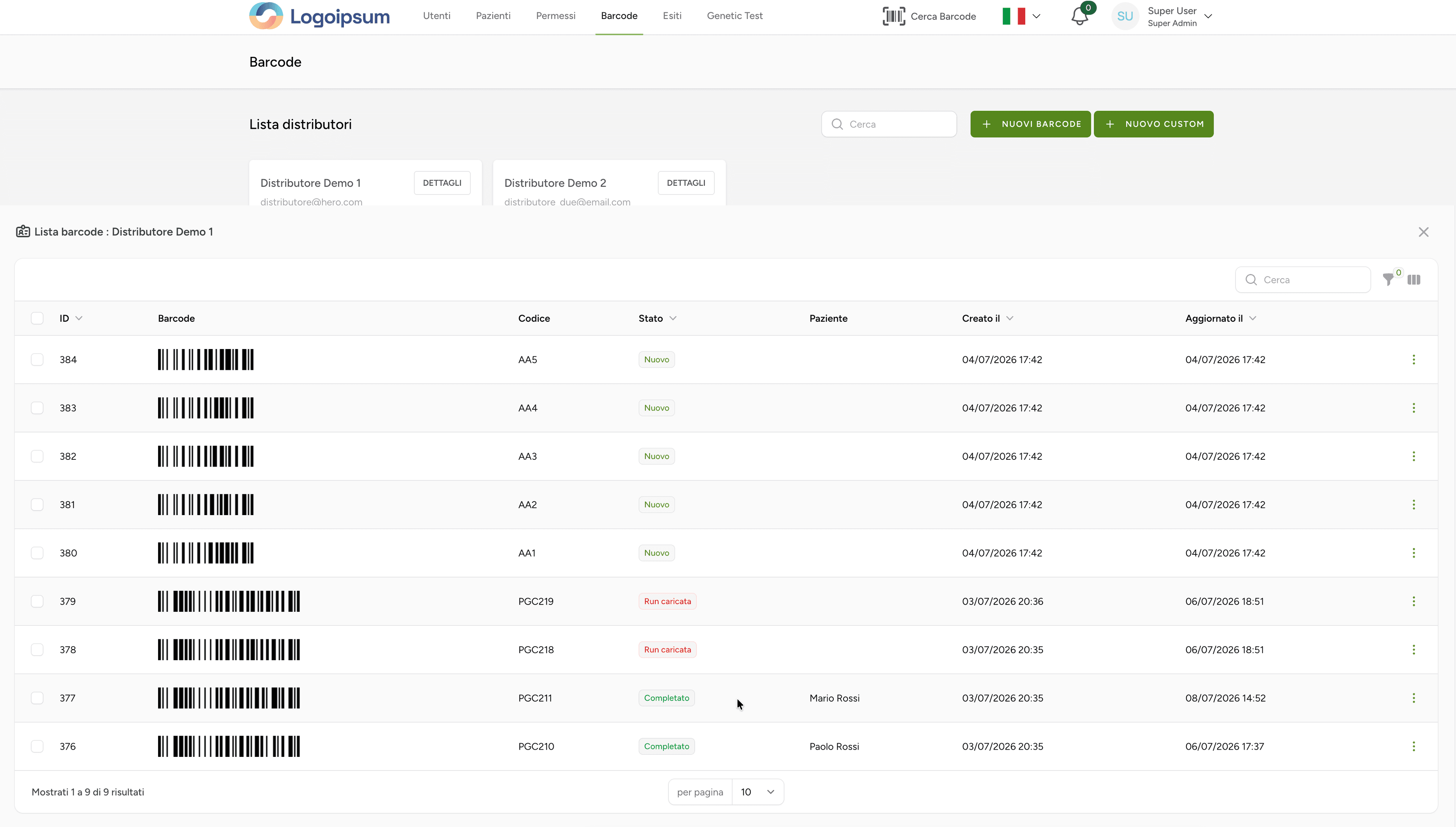 Dashboard laboratorio con pannello barcode e pazienti associati