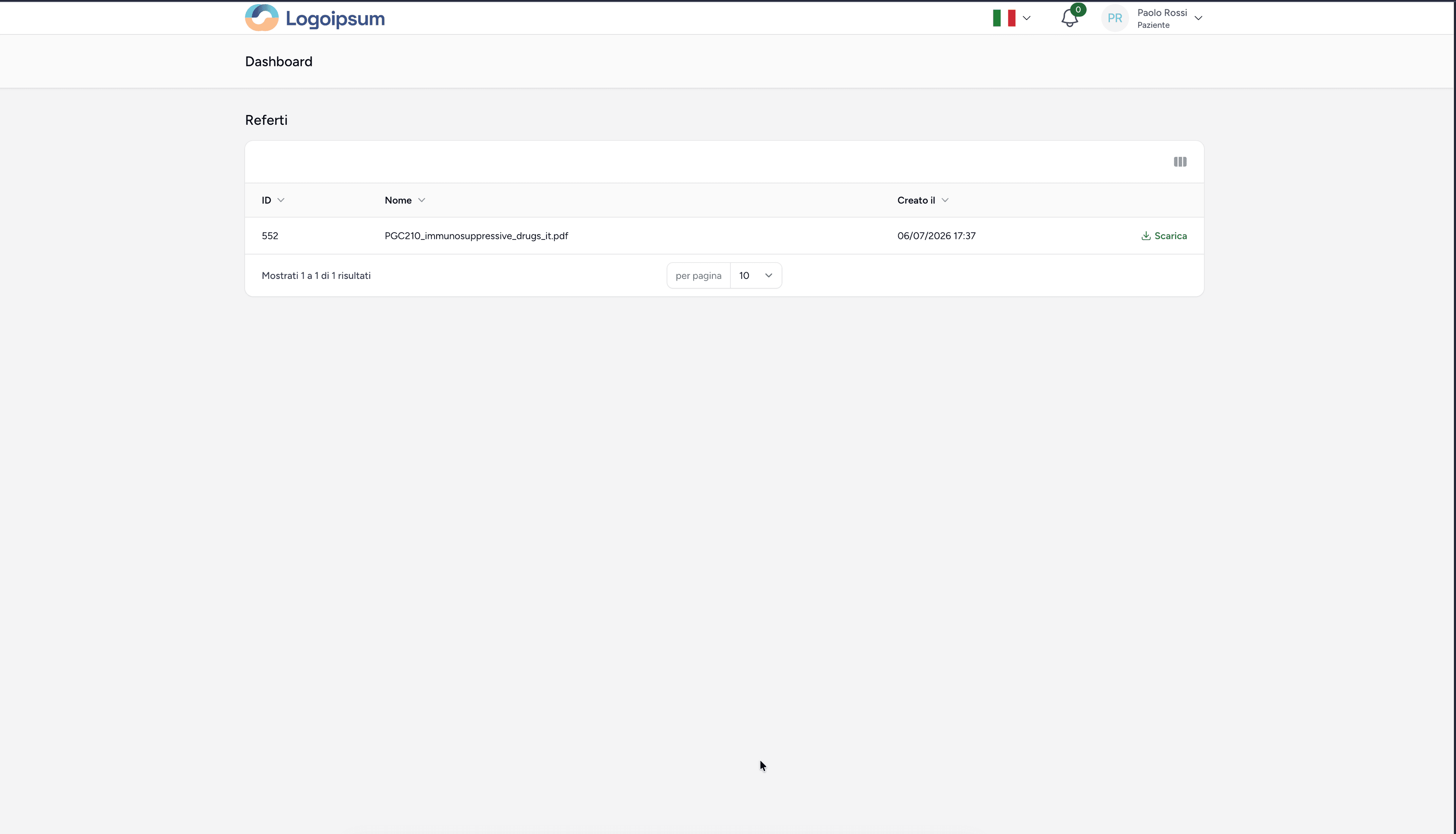 Area paziente per la consultazione e il download dei referti