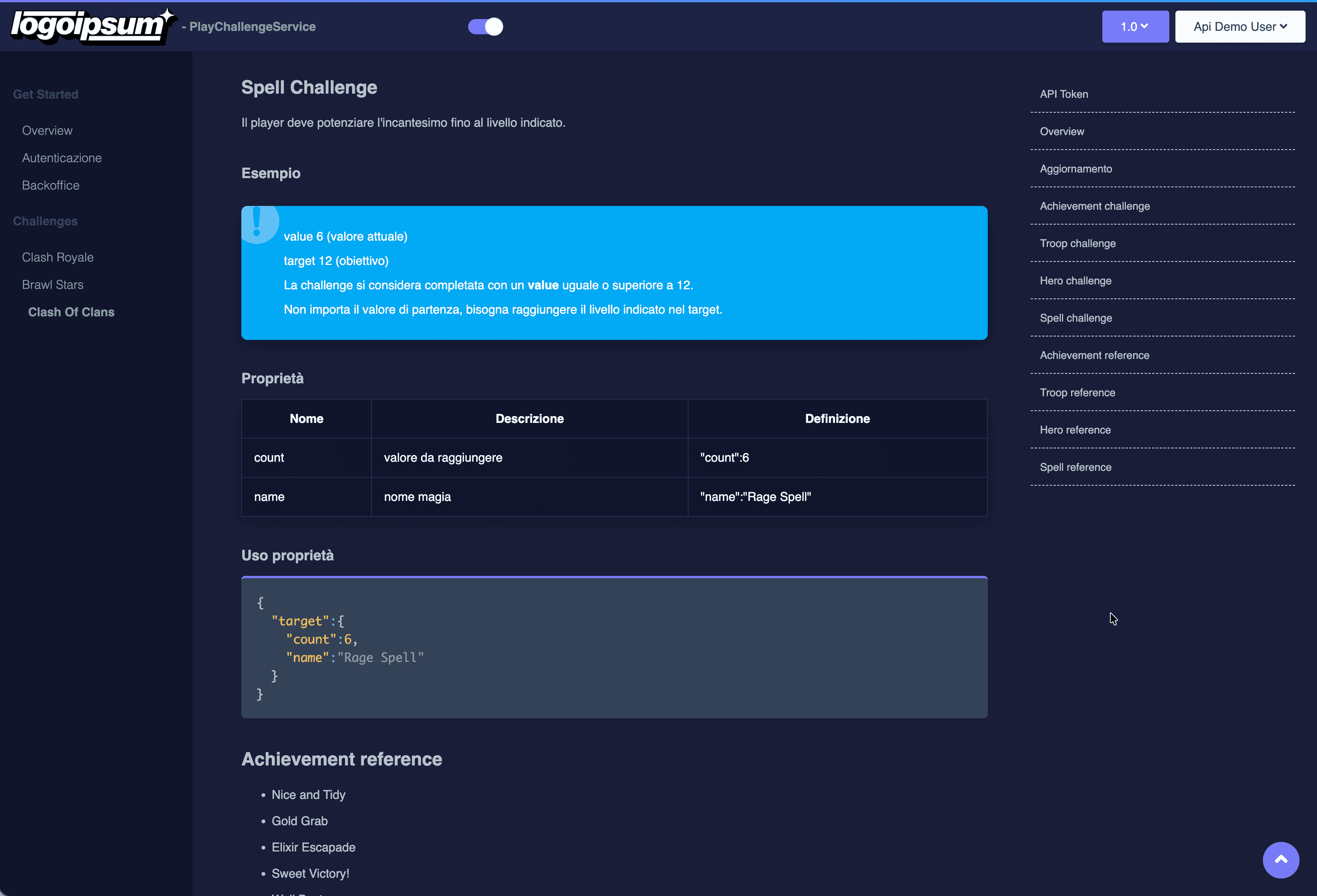 Riferimento dati e costanti per l'integrazione corretta delle API Play Challenge