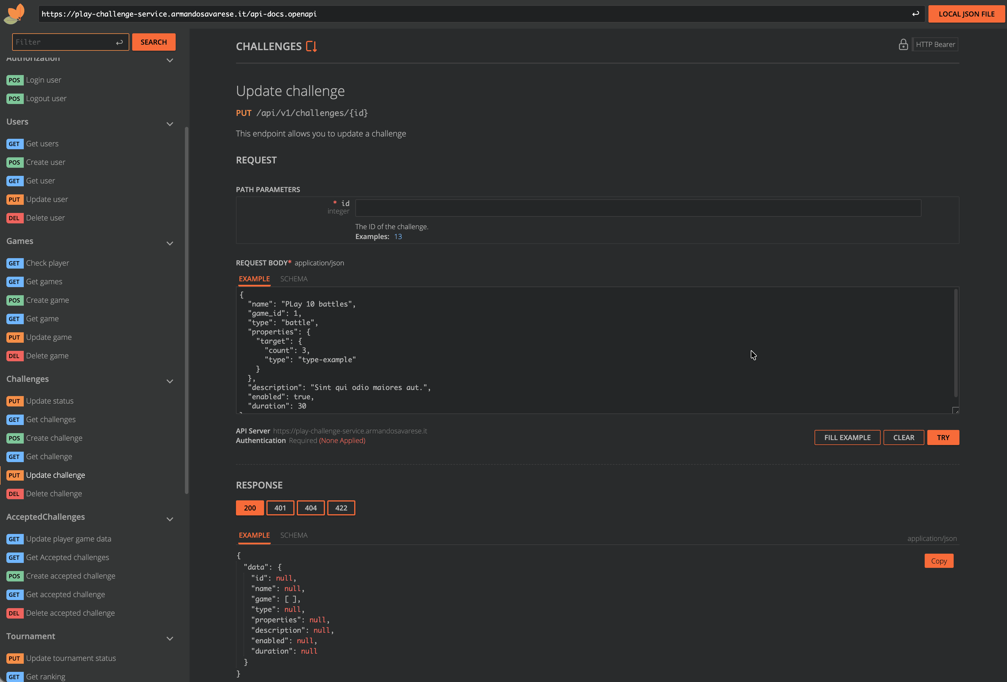 Documentazione API Scribe con elenco degli endpoint per challenge e tornei