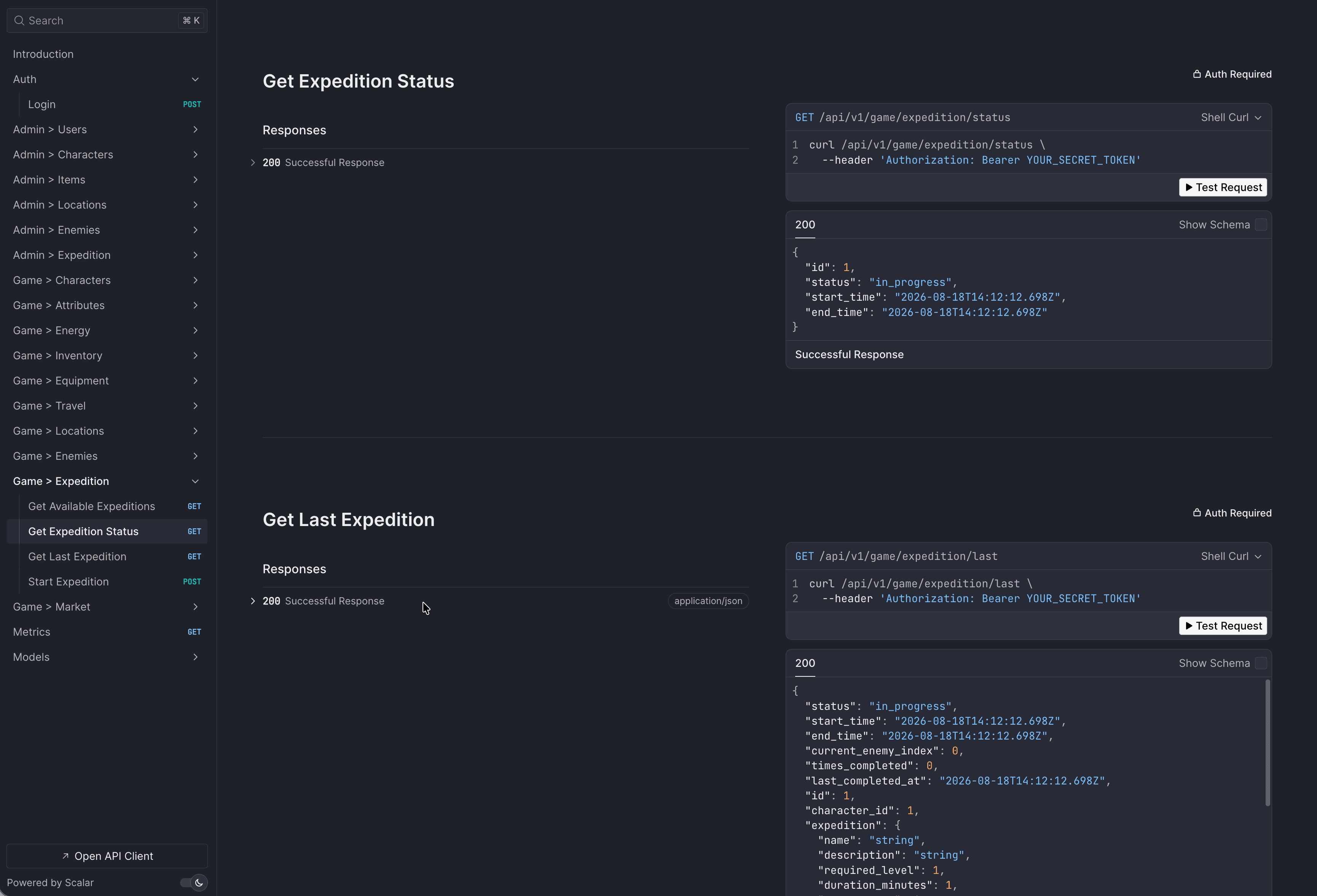 Documentazione OpenAPI con elenco endpoint per gestione personaggi, combattimenti e progressioni