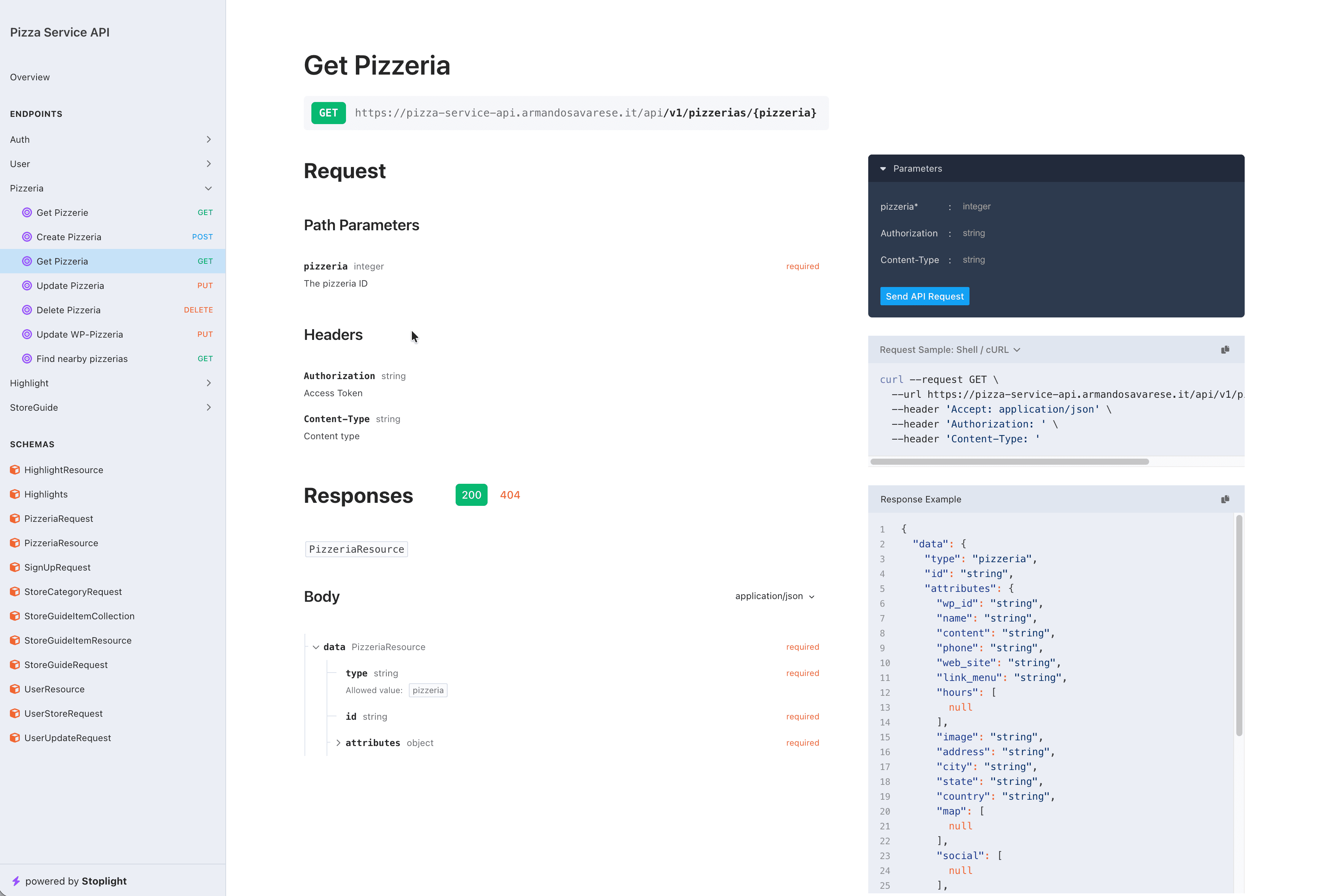 Documentazione API Scramble con endpoint REST per pizzerie e recensioni